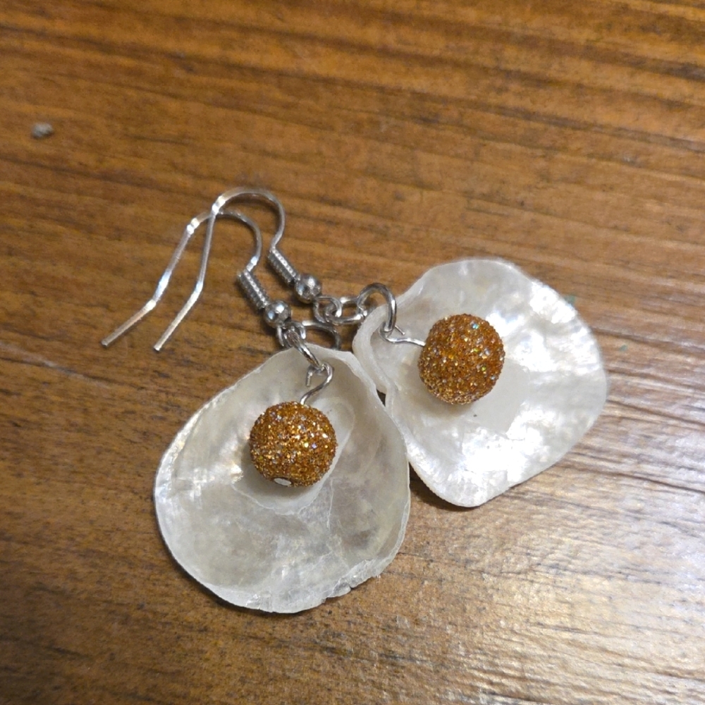 Handmade Shell And Gold Glitter Earrings